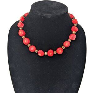 Red Bamboo Coral Nugget Choker Chunky Necklace w Bronzite Beads 17” Silver Toggl